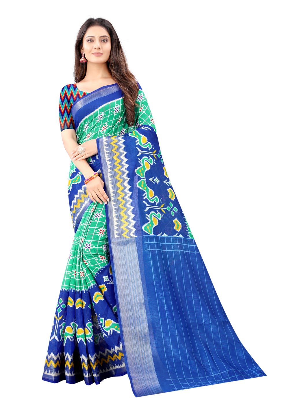 Get Rama & Blue Ikat Pattu Saree at ₹ 799 | LBB Shop