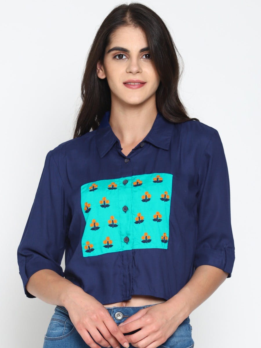 Colour Block Embroidered Crop Shirt