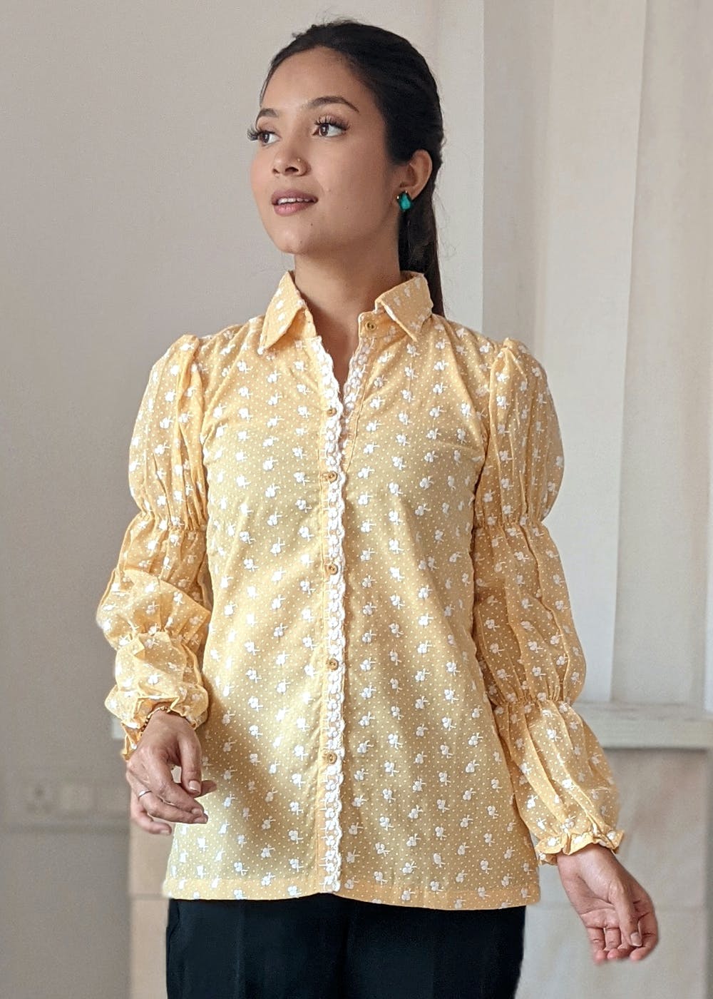 Get Bishop Sleeve Detail Chikankari Yellow Shirt at ₹ 1725 | LBB Shop
