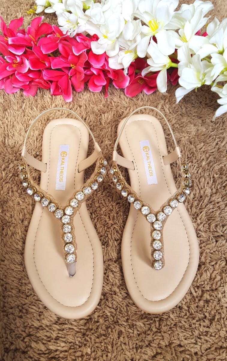Get T-Strap Crystal Embellished Sandals 