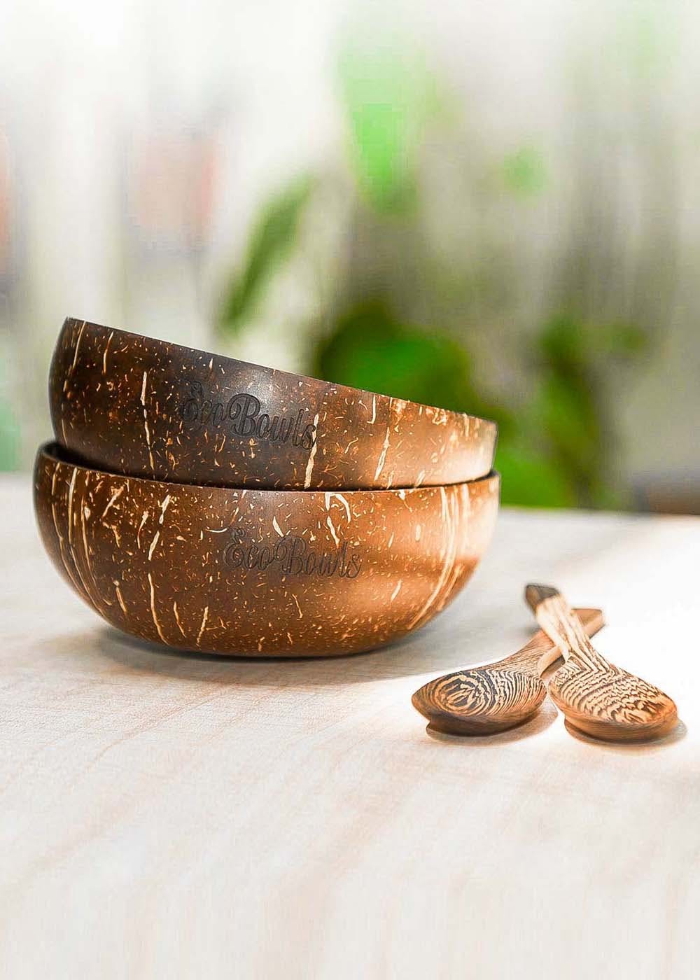 Natural Coconut Shell Bowls with Buddha Spoons (Pack of 2)