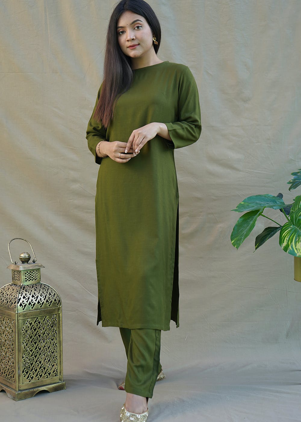 Office Wear Dark Green Color Fancy Fabric Redymade Kurti With Palazzo Bottom