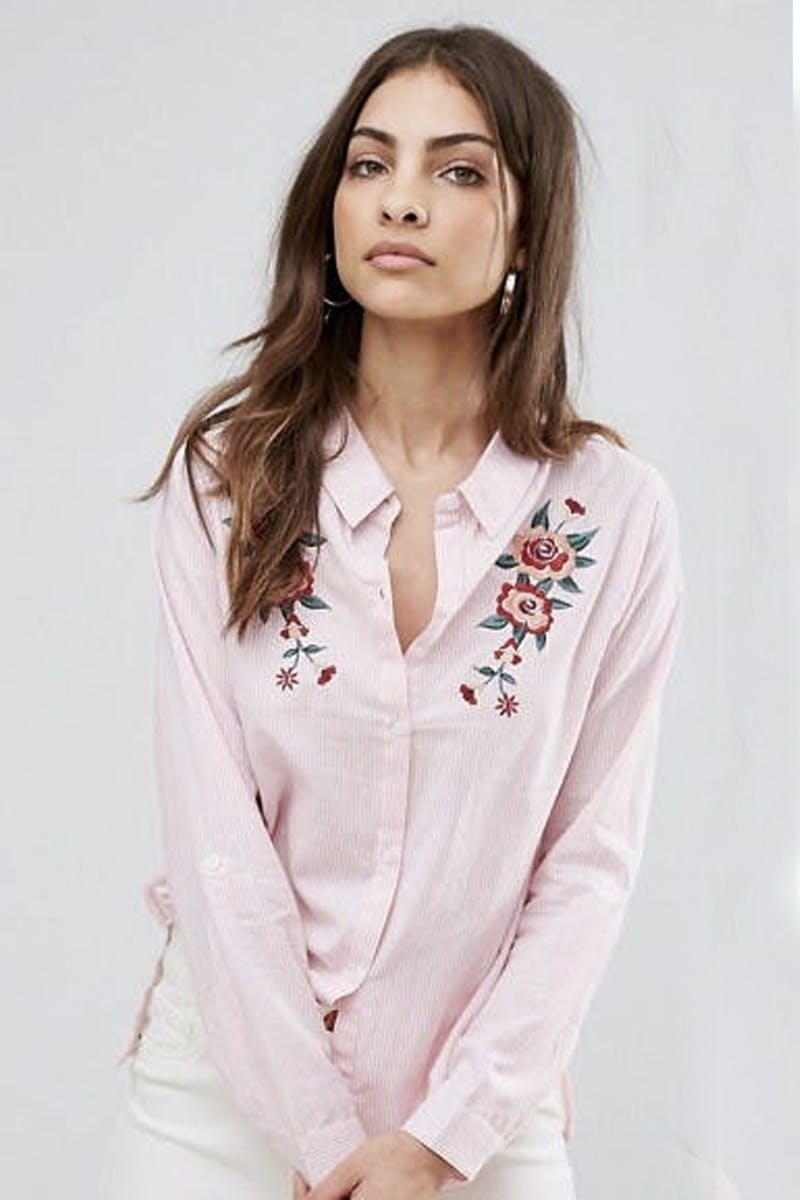 Pastel Pink Floral Embroidery Shirt