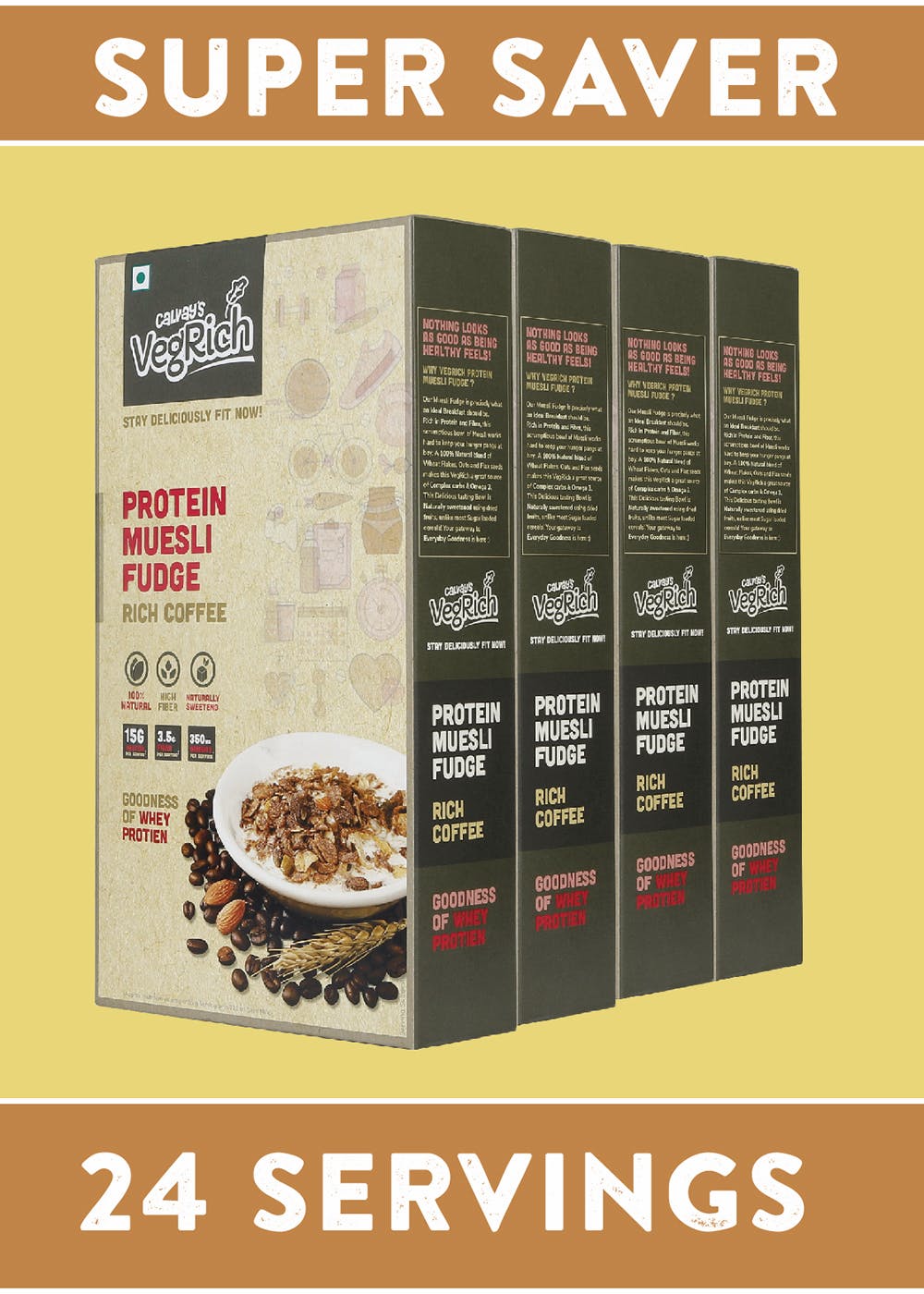 VegRich Protein Muesli Fudge: Rich Coffee - Super Saver Pack of 4 Boxes