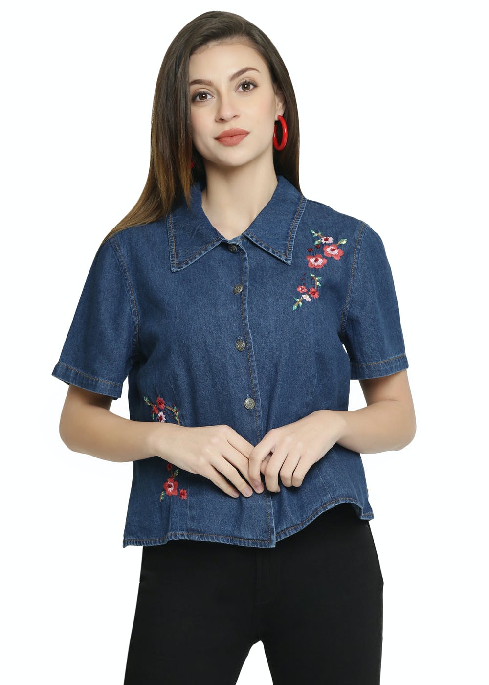 Buy Blue Embroidered Denim Top for Women | ONLY | 160537901