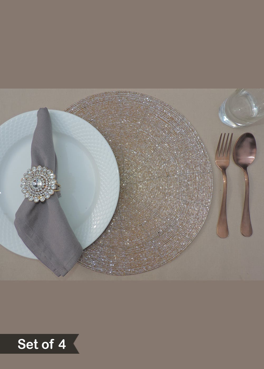 Get Rose Gold Beaded Placemat With Fabric Base Set of 4 at ₹ 899