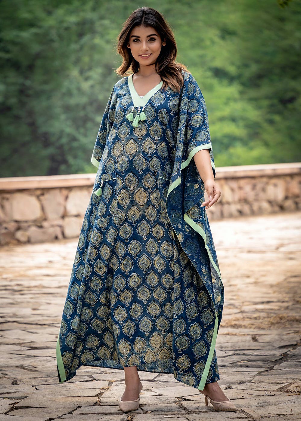 Get Ajrakh Style Blue Block Printed Long Kaftan Dress at ₹ 2150 | LBB Shop
