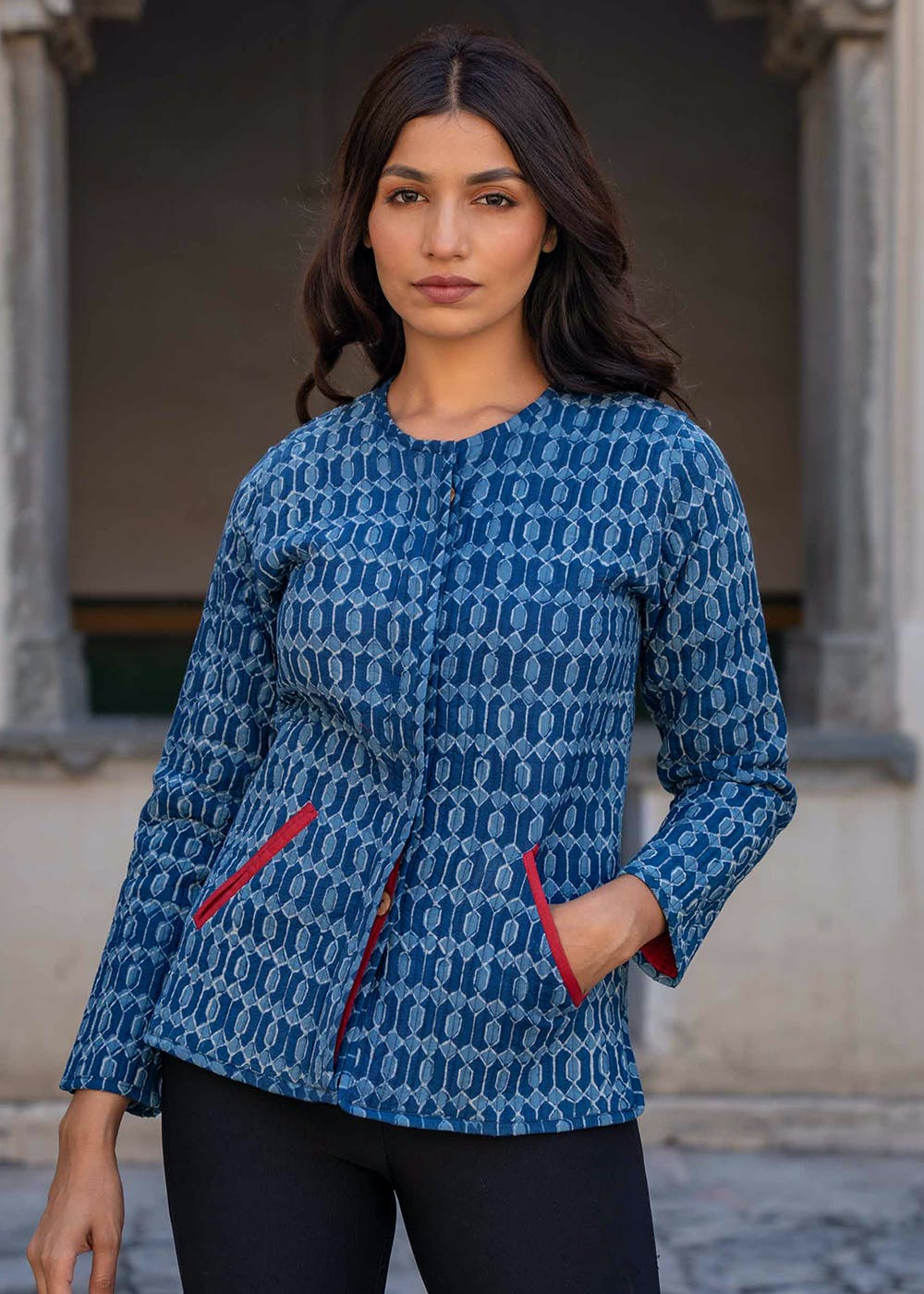 BUY Indigo Block Printed Reversible Cotton Quilted Jacket-  NVQJ285|NAVYASFASHION