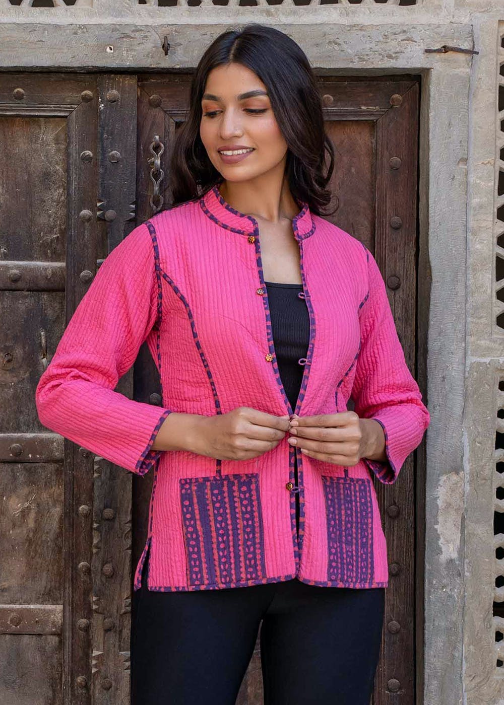 Buy Block Printed Quilted Jacket Pink and Maroon Cotton for Best Price,  Reviews, Free Shipping