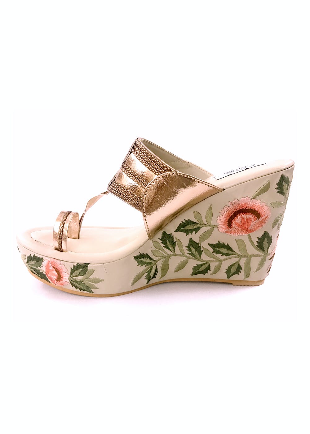 Get Bird & Floral Embroidered Patch Rose Gold Wedges at ₹ 2275