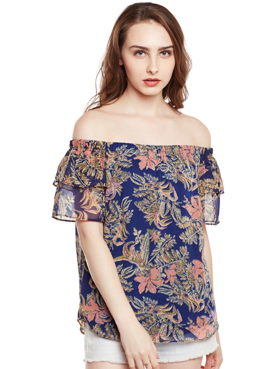 Get Floral Print Frilled Off Shoulder Navy Top at ₹ 899 | LBB Shop