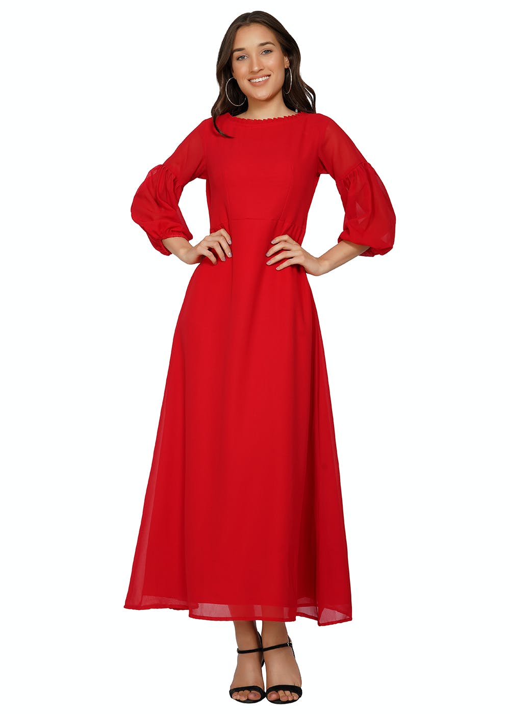 Lantern Sleeve Detail Red Georgette Dress