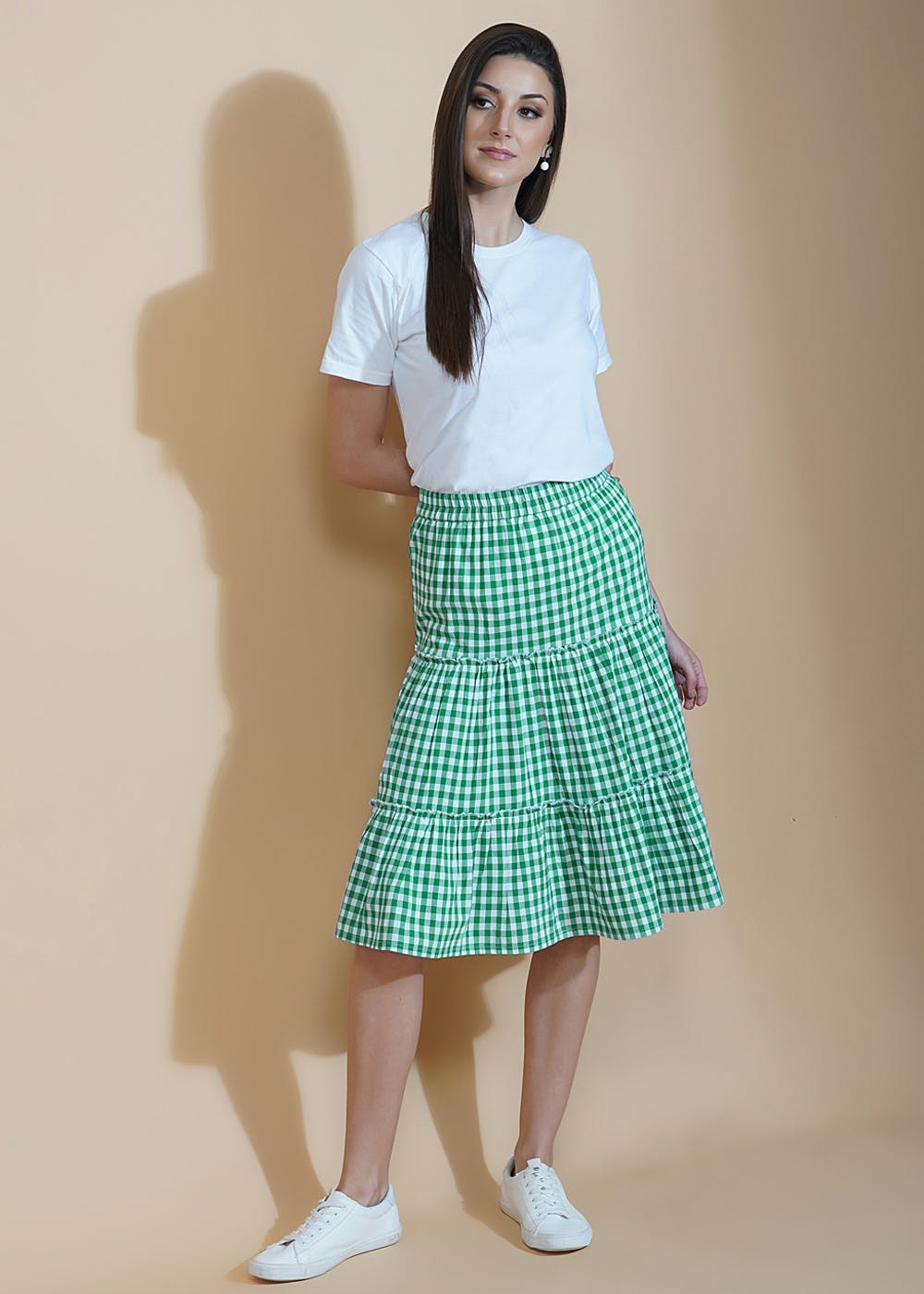Green And White Gingham Tiered Skirt