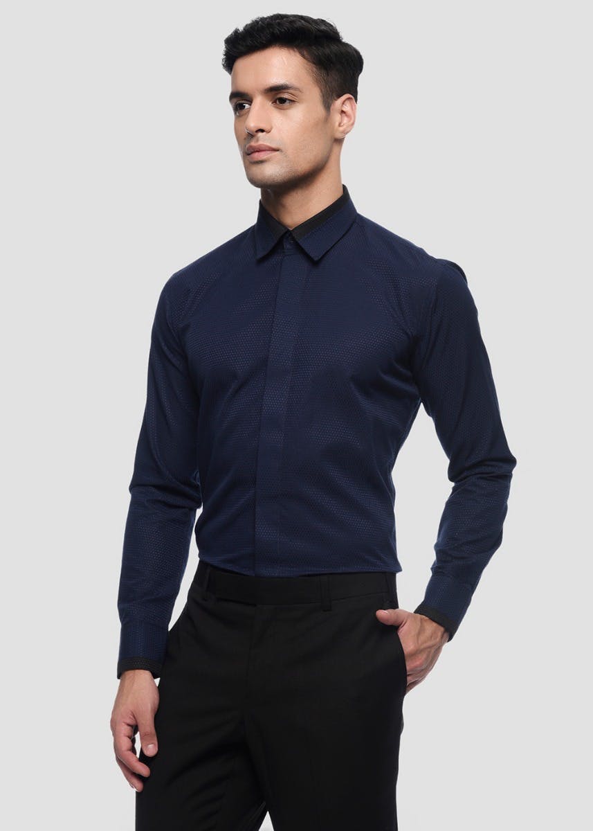 Printed Navy Blue Formal Slim Fit Shirt 