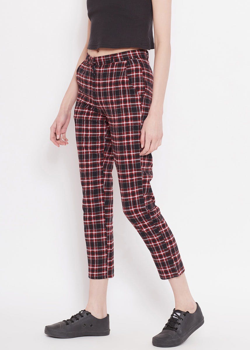 Buy Women Blue Check Knit Tapered Pants Online at Sassafras
