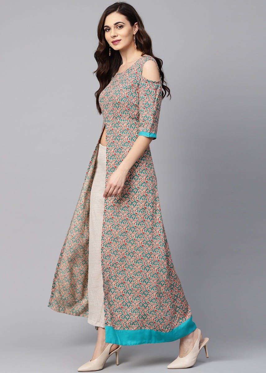 Grey-Cold-Shoulder-Hravy-Rayon-Long-Anarkali-Style-Half-Sleeve-Kurta-***-****  #bulk #wholesale #who… | Long kurti designs, Kurta designs women, Cotton  kurti designs