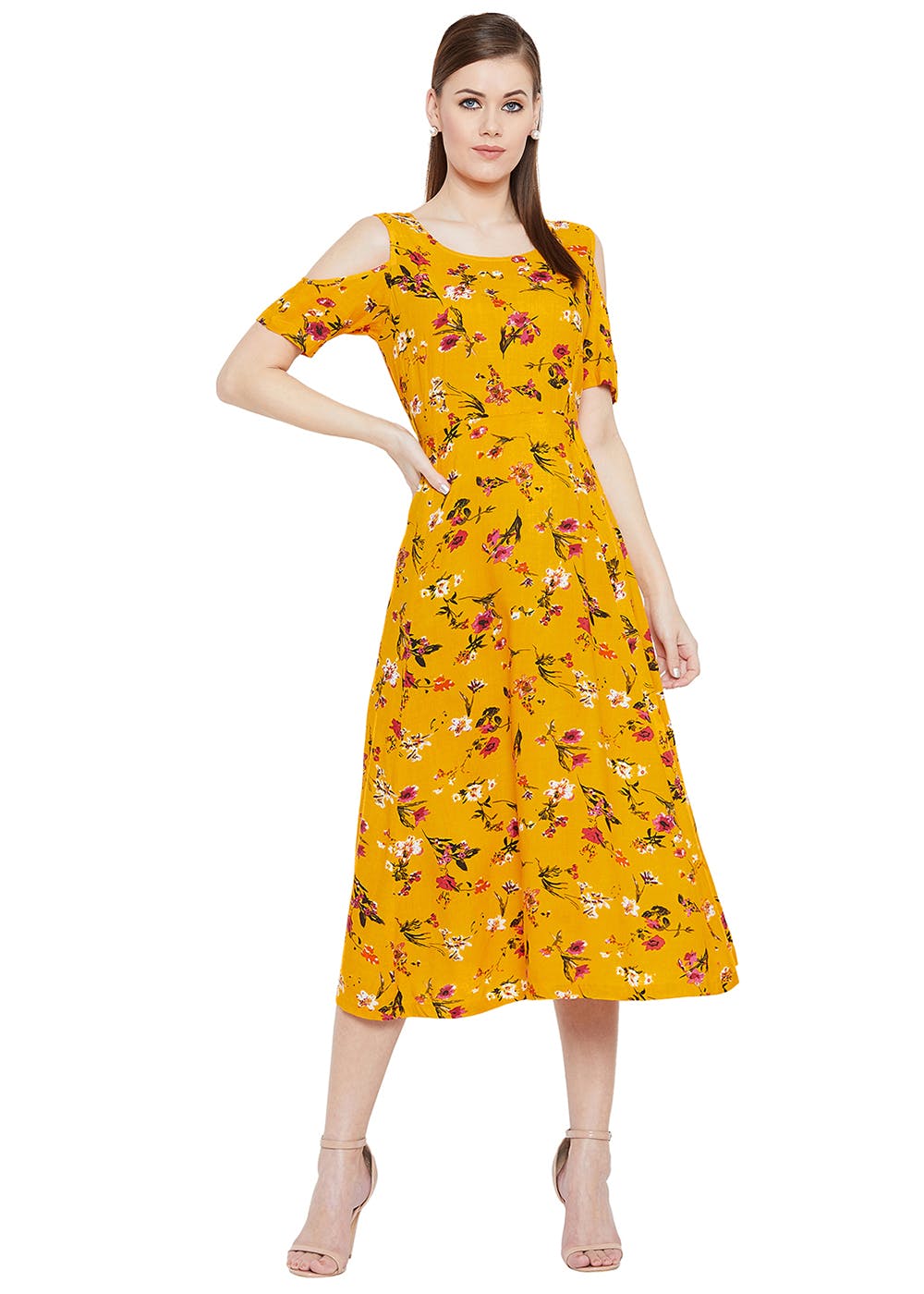 Get Floral Printed Yellow Cold Shoulder 