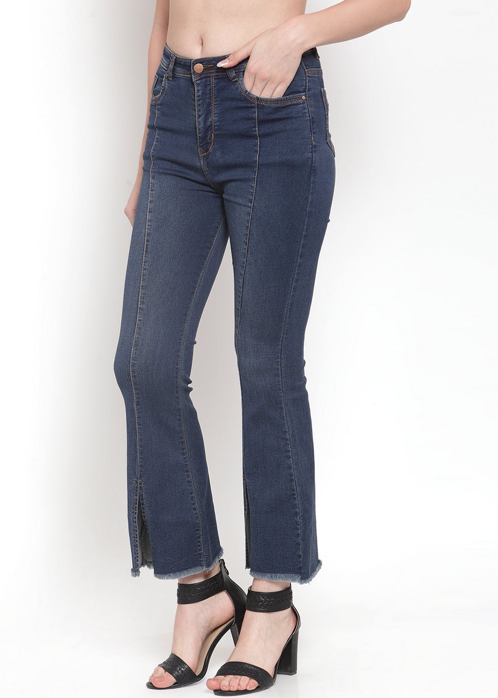 Get Front Slit Panel Stitch Detail Wide Legged Dark Denim Jeans At 1709 Lbb Shop
