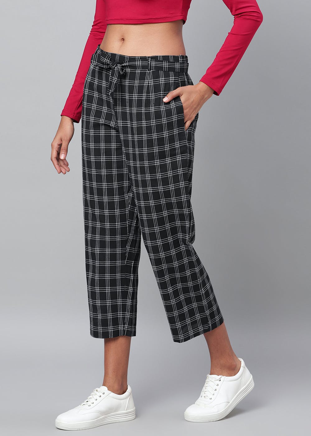 Buy Blue Mid Rise Check Print Trousers for Men