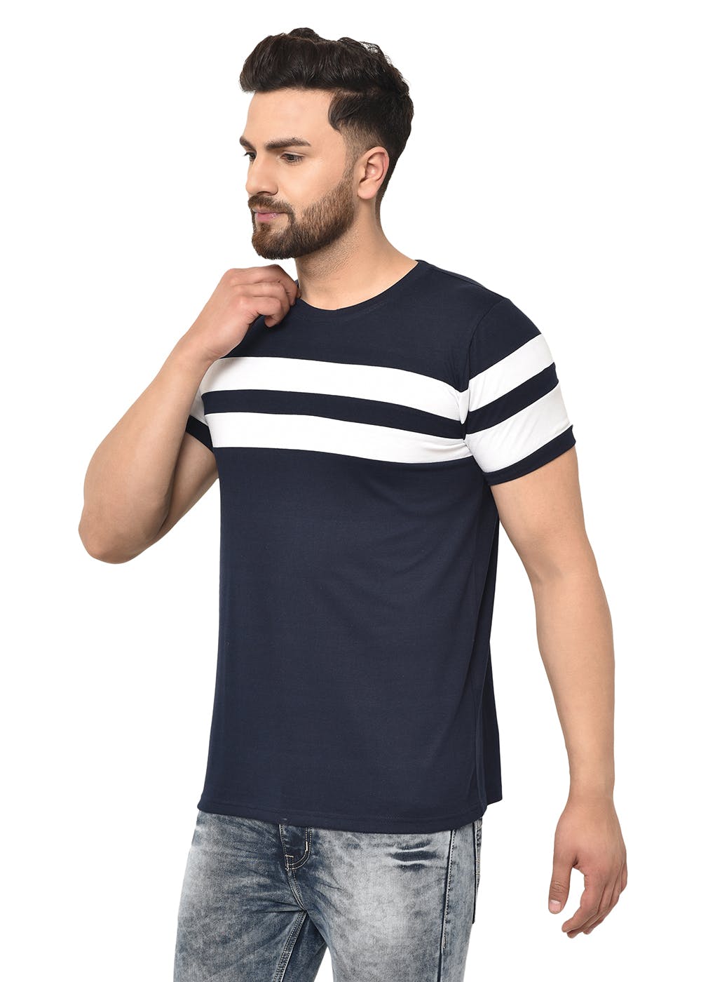 Get White Two Striped Panel Round Neck 