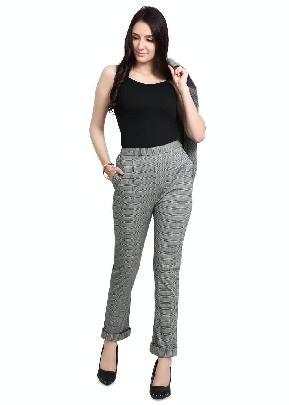 Mid Rise Glen Check Trousers  Grey  Just 7