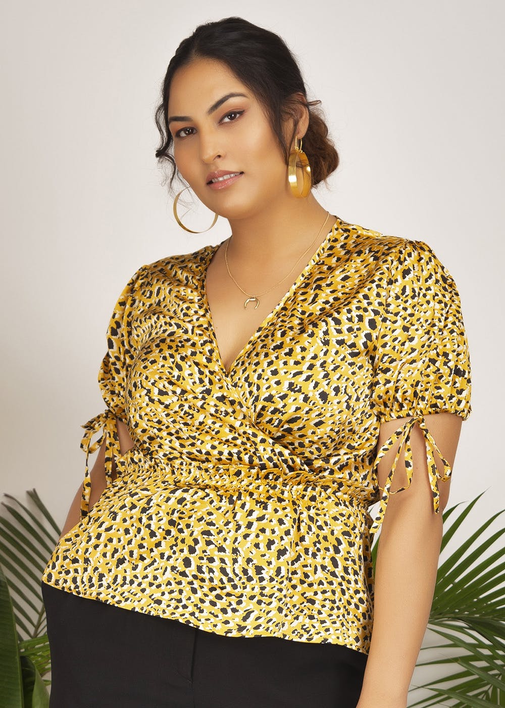 Animal Printed Scrunched Waist Wrap Peplum Top