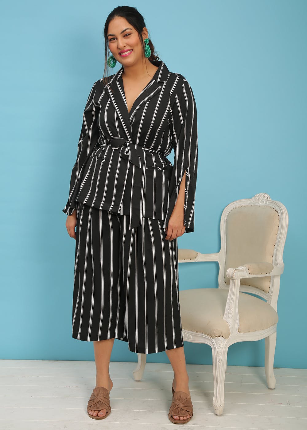 Striped Black Jacket and Culottes Co-Ord Set