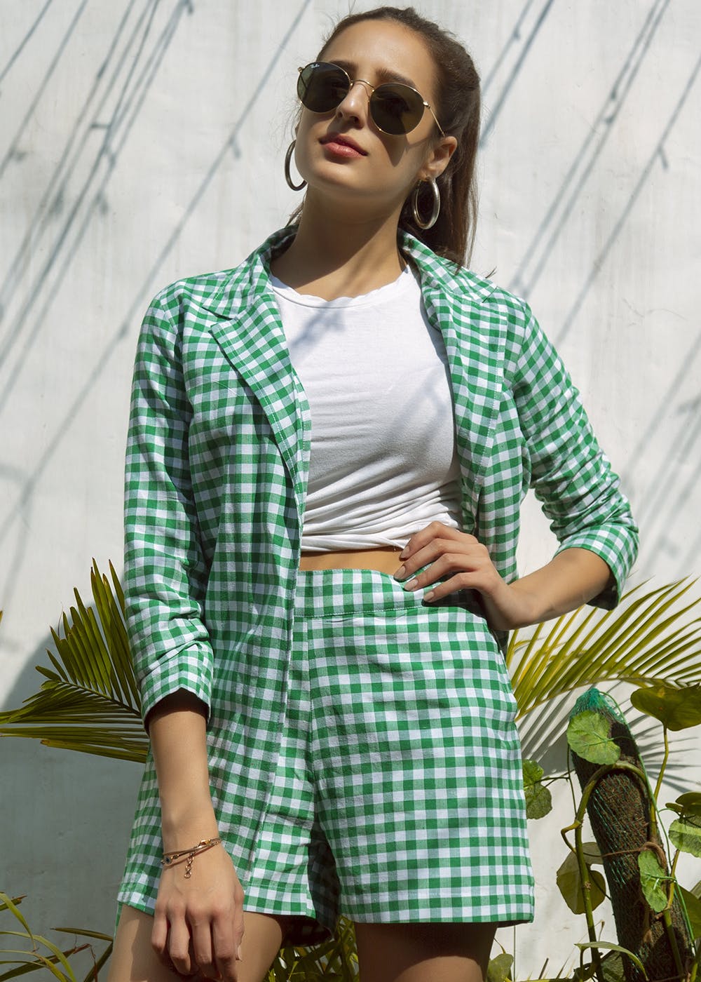 Two-Tone Gingham Checkered Handloom Jacket With Shorts Set