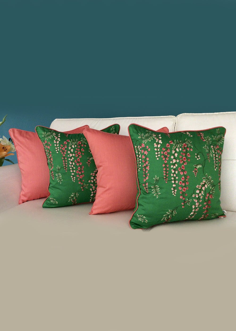 Get Embroidered Cushion Covers Set Of 4 16 X 16 Inches Wisteria Emerald Green With Peach