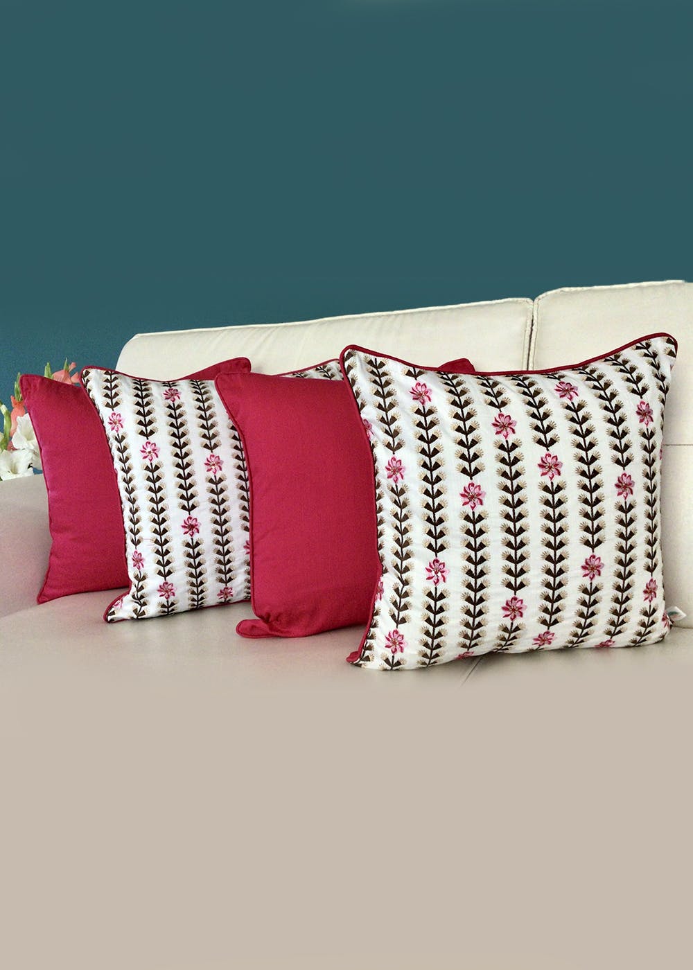 Get Embroidered Cushion Covers Set Of 4 16 X 16 Inches Floral Vines Fuchsia Pink With Color
