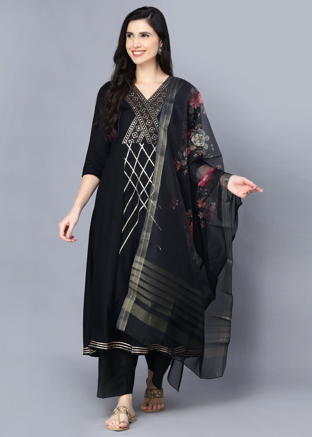 Women Natural Crepe Black Printed Kurta Comfort Pant Dupatta