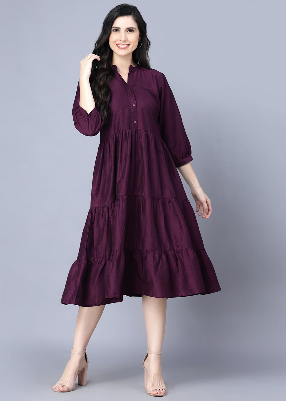 get-silk-solid-3-4-sleeve-v-neck-purple-women-dress-at-1050-lbb-shop