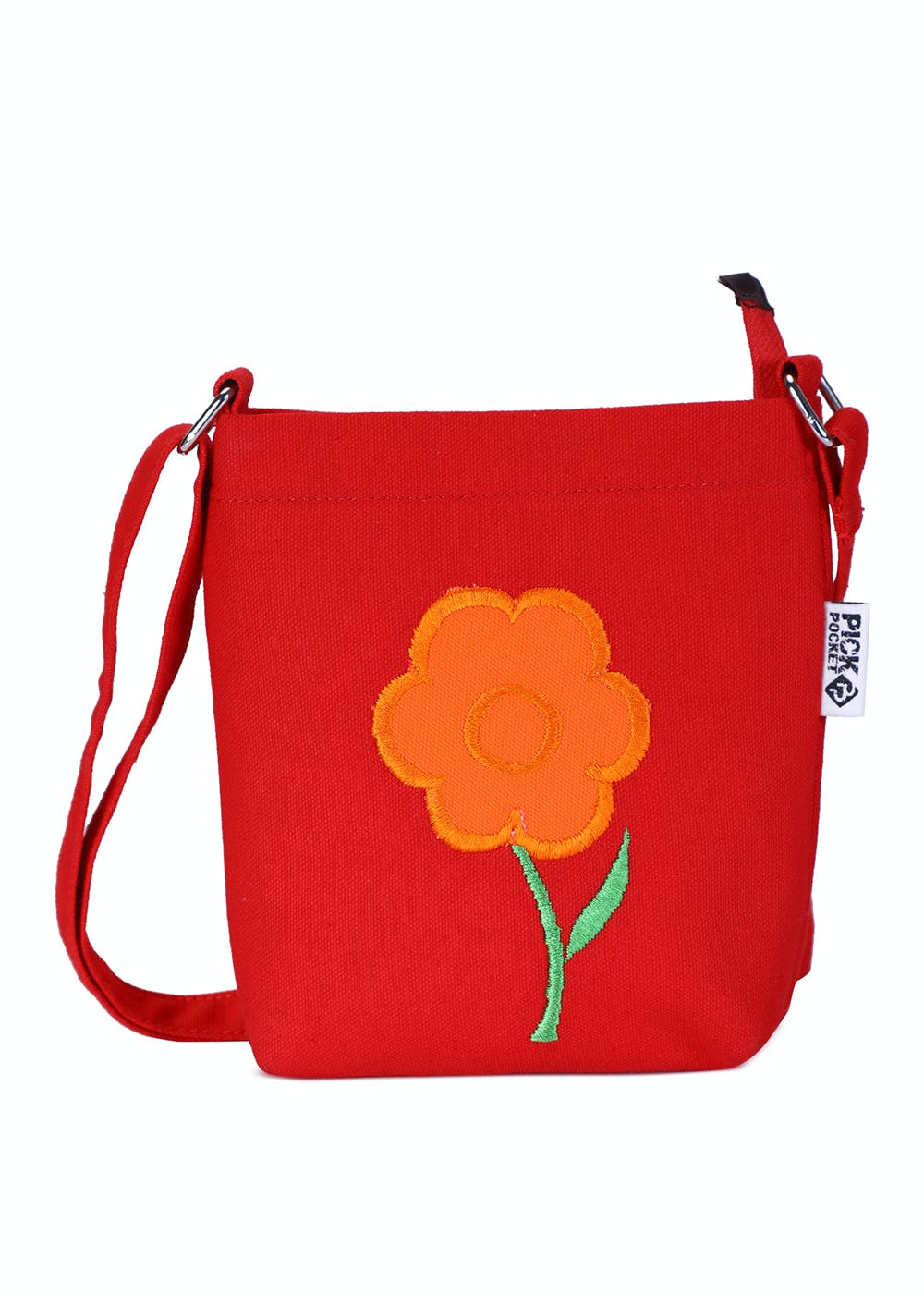 Get Red Canvas Sling Bag With Orange Flower Embroidery On Front at