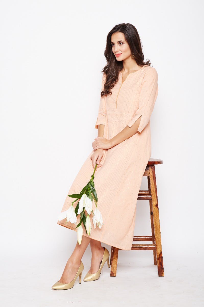 Women's Peach Striped Extended Sleeves Fit & Flare Midi Dress