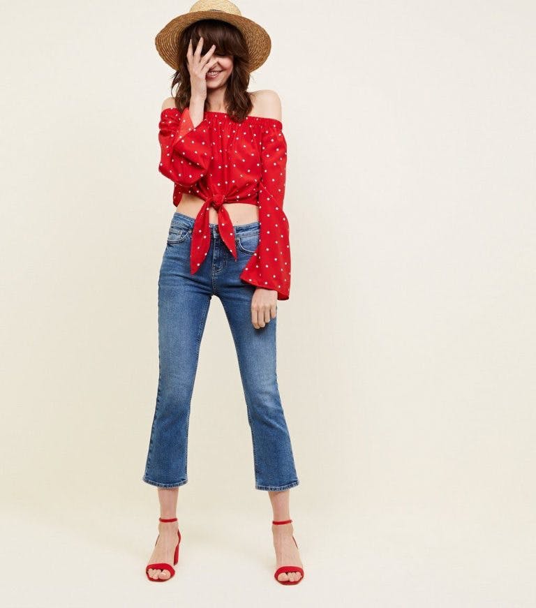 Red Front Knot Polka Dot Off-Shoulder Top