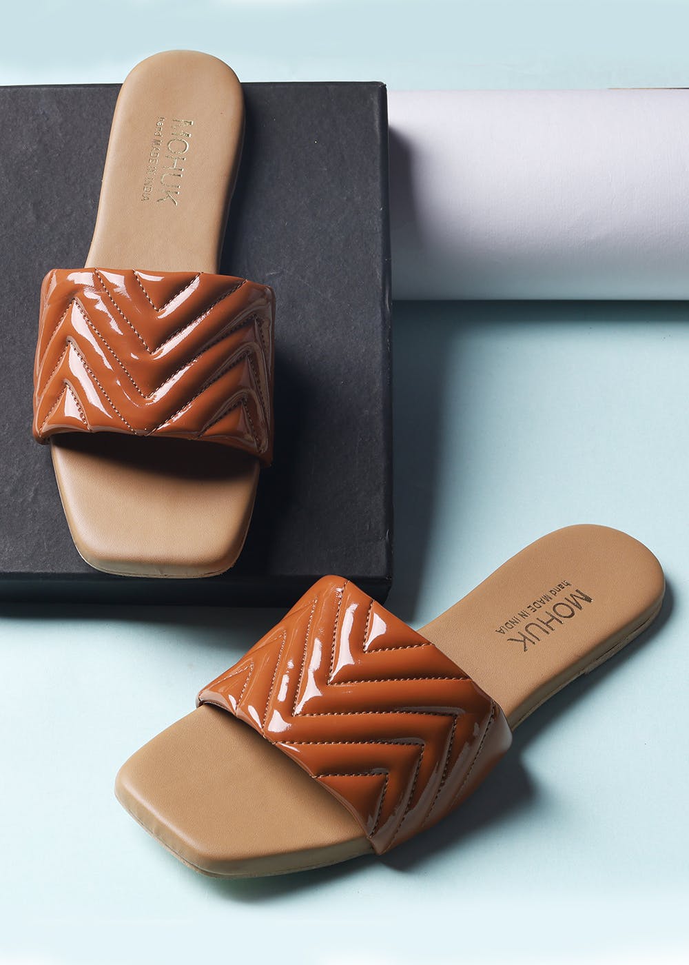 Get Tan Glossy Quilted Slides at ₹ 779 | LBB Shop