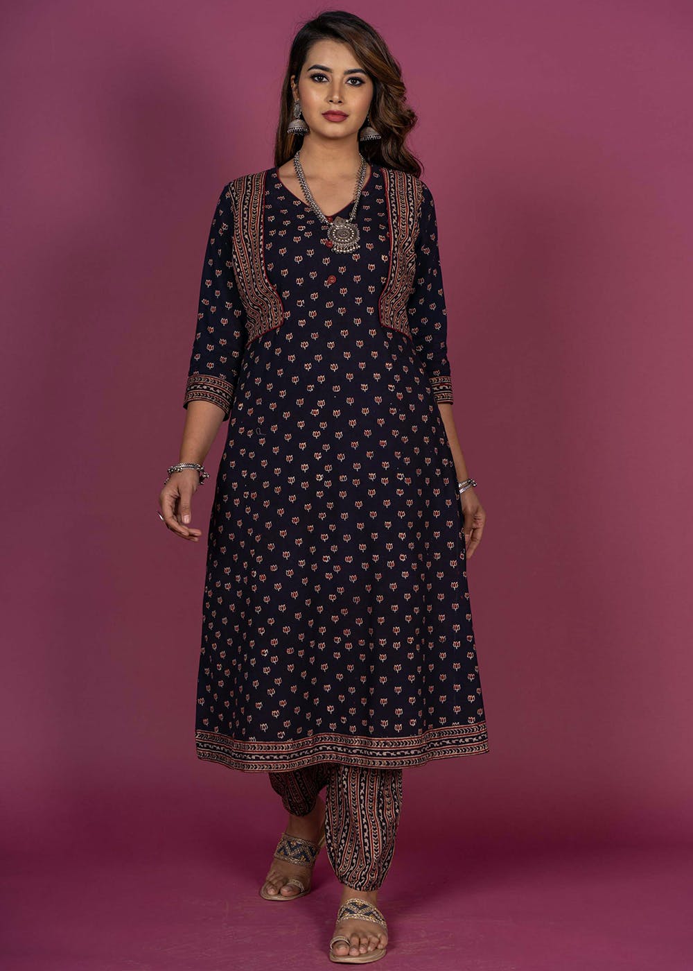 Get Black Ajrakh Hand Block Print Stitch Kurta Dress at ₹ 2450 | LBB Shop
