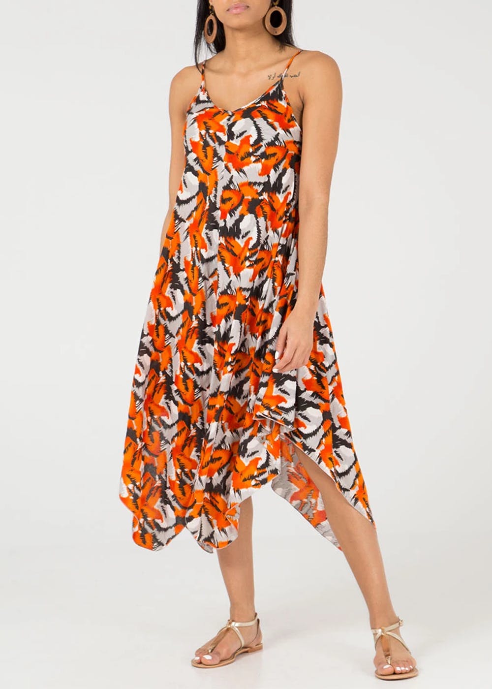 Supernova Strappy Tied Back Asymmetrical Hem Midi Dress Orange