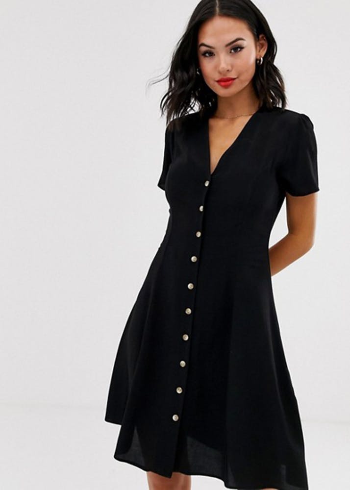 Get Solid Black V Neck Shirt Dress at 2145 LBB Shop