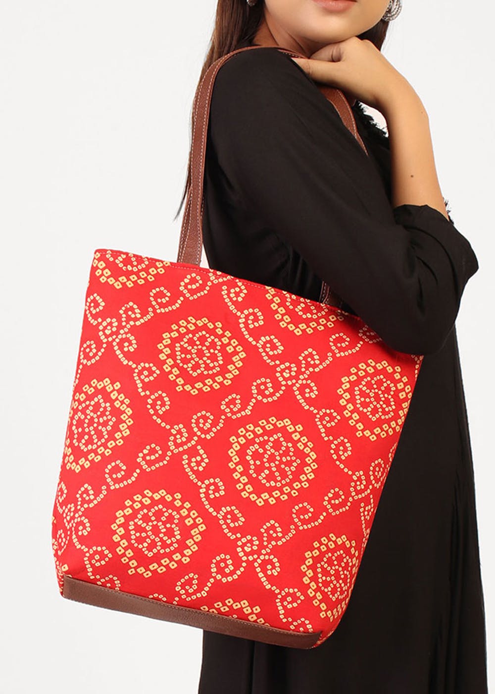 TARAgram Handmade Bandhani Design Canvas Red Tote Bag