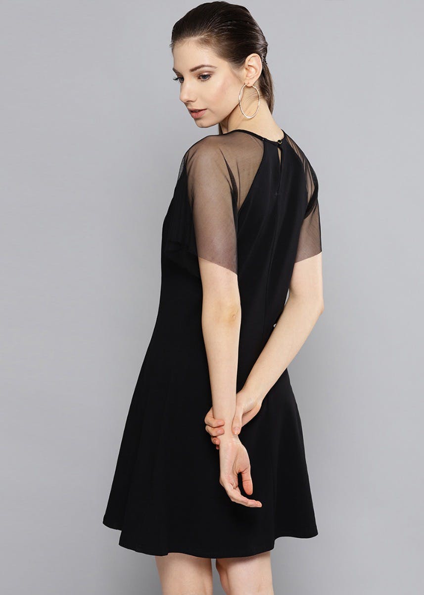 Get Net Sleeves Detail Black Skater Dress at ₹ 1199 LBB Shop