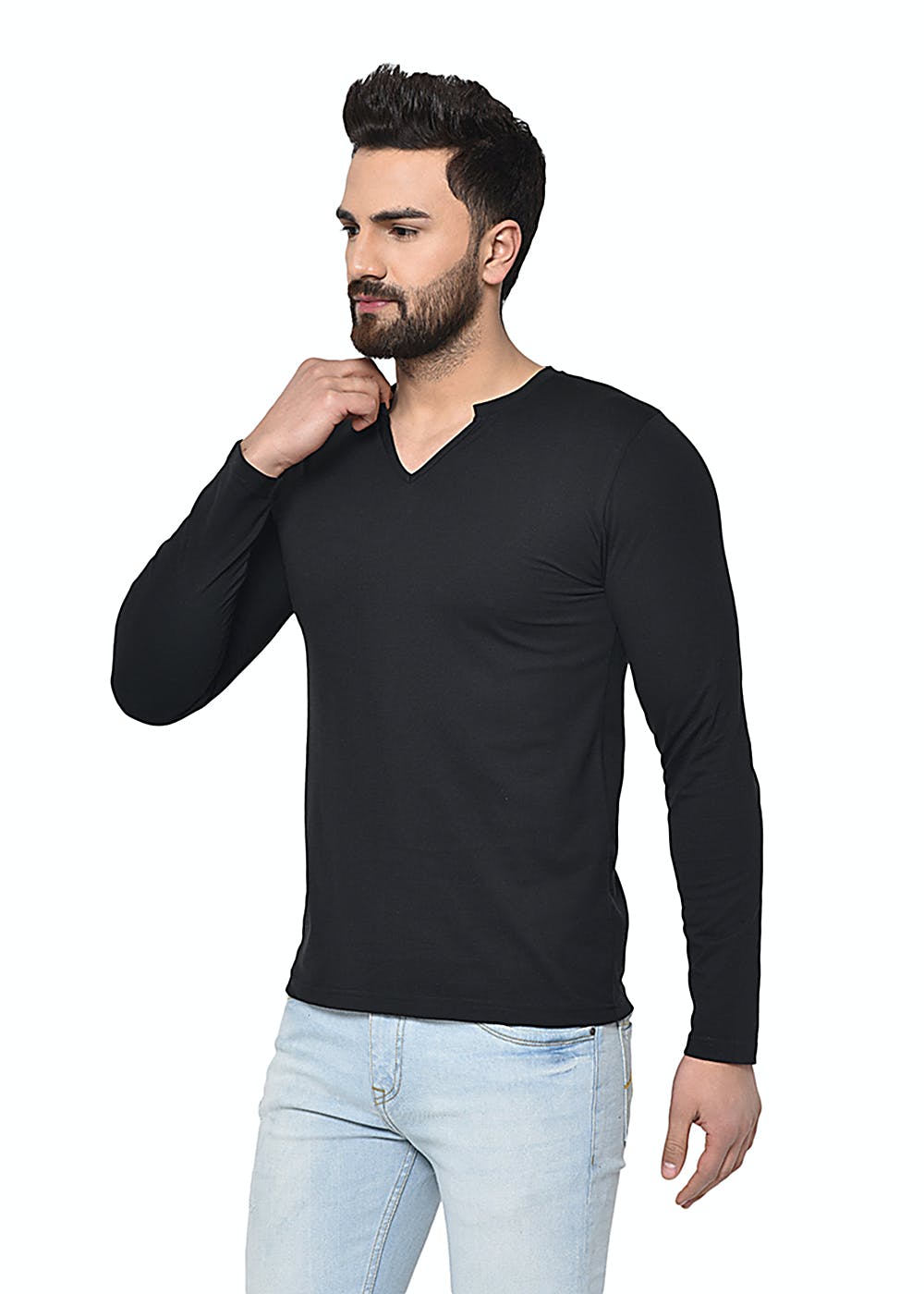 Get Solid V-Neck Full Sleeves T-Shirt at ₹ 449