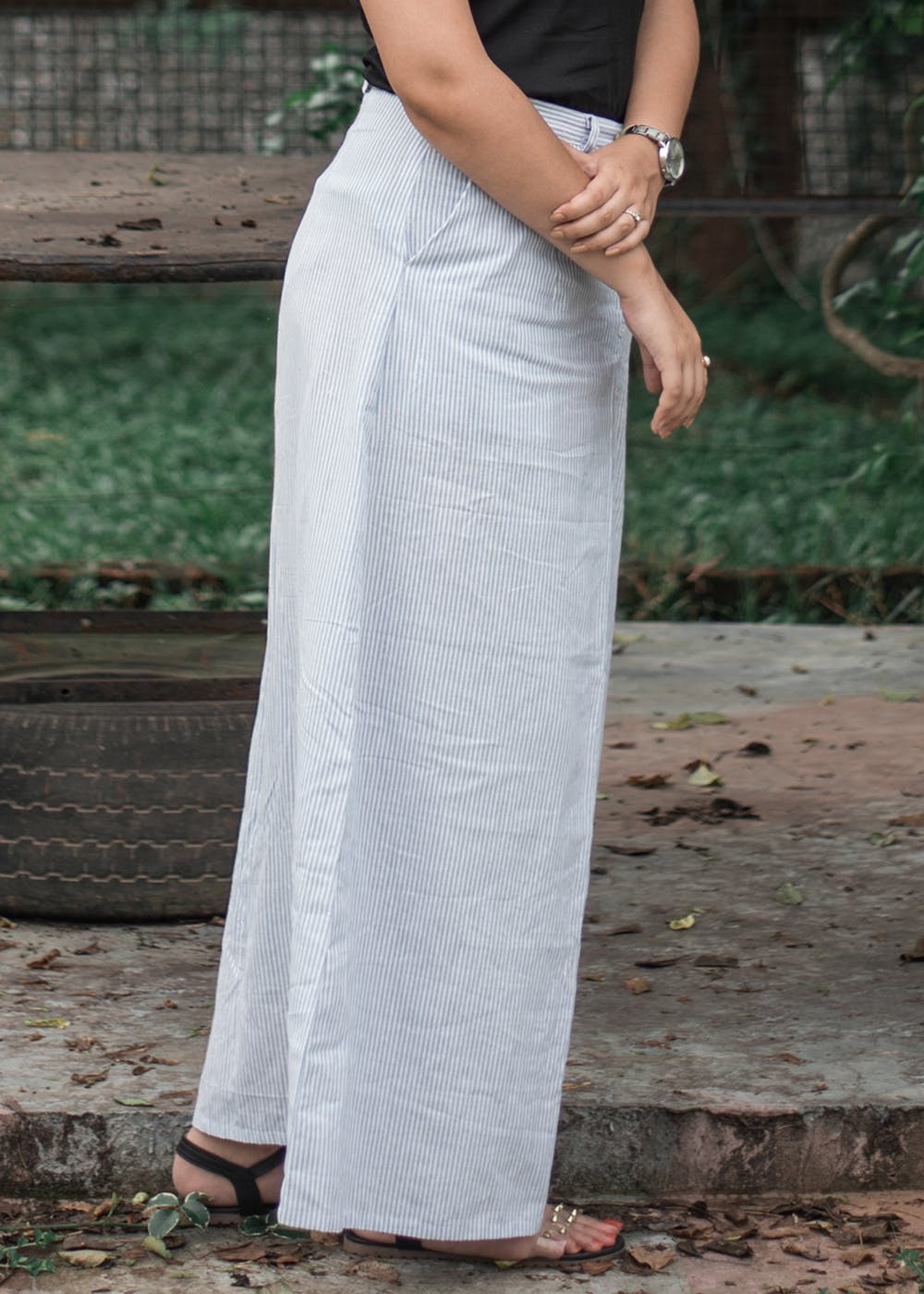 Two-Tone Striped Button Down Long Skirt