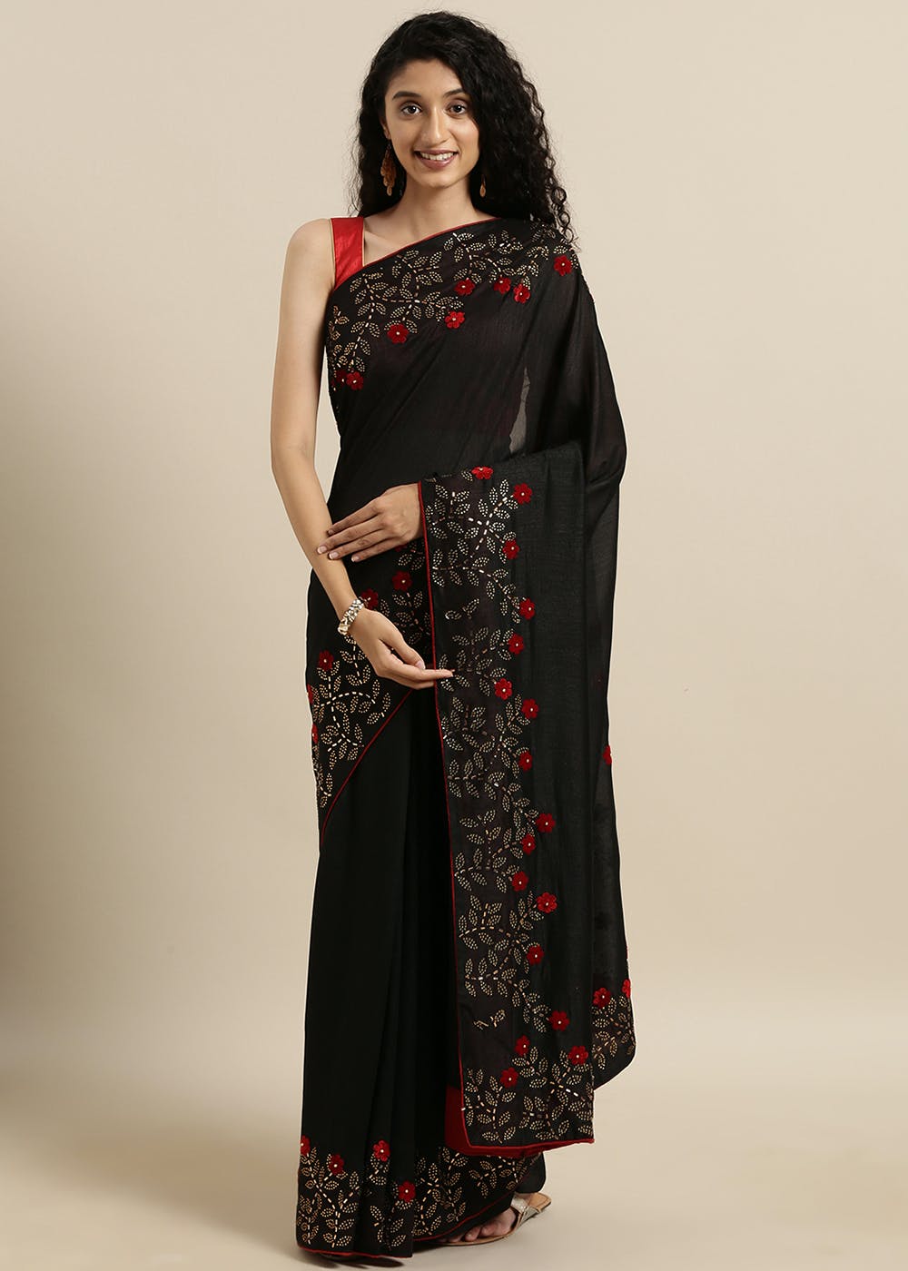 Get Black Vichitra Poly Silk Solid Saree with Embellished Border at ...