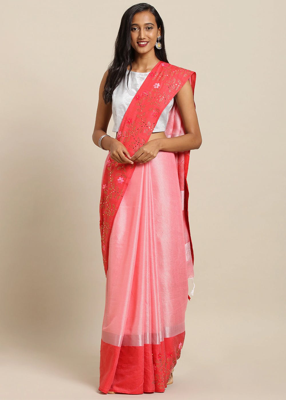 Pink Linen Blend Printed Khadi Saree 