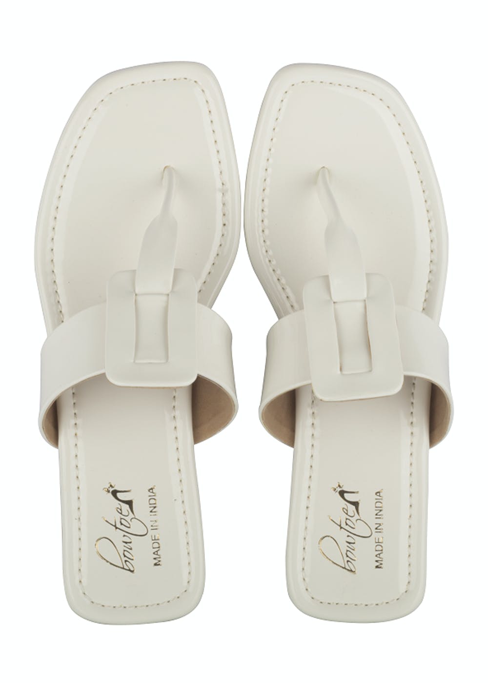 Square Toe Detail Solid T-Strap Flats - White