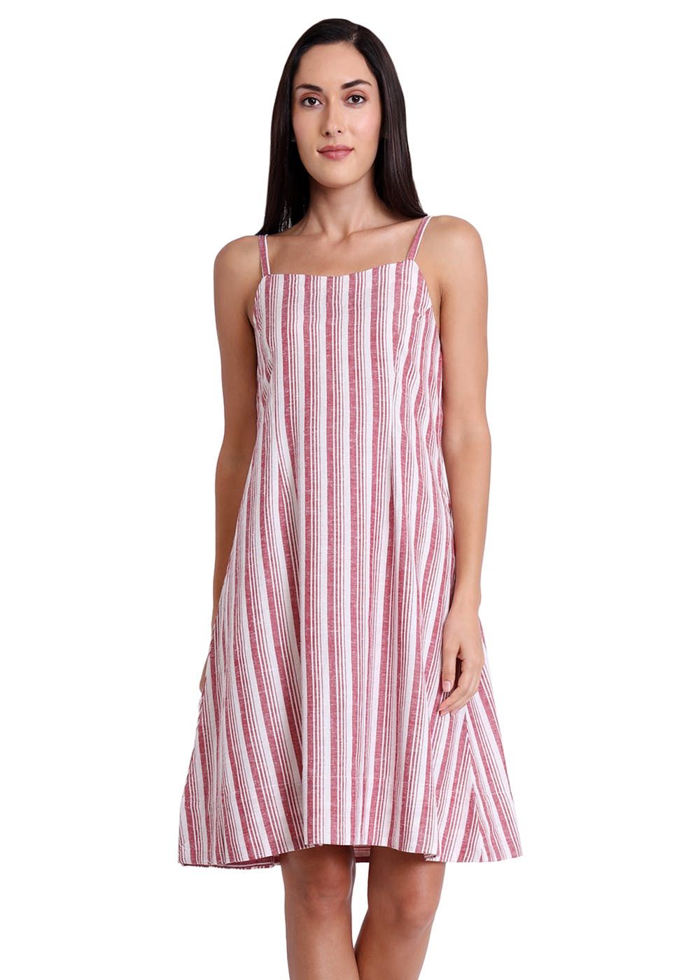 Pinstriped Strappy Casual Dress - Pink