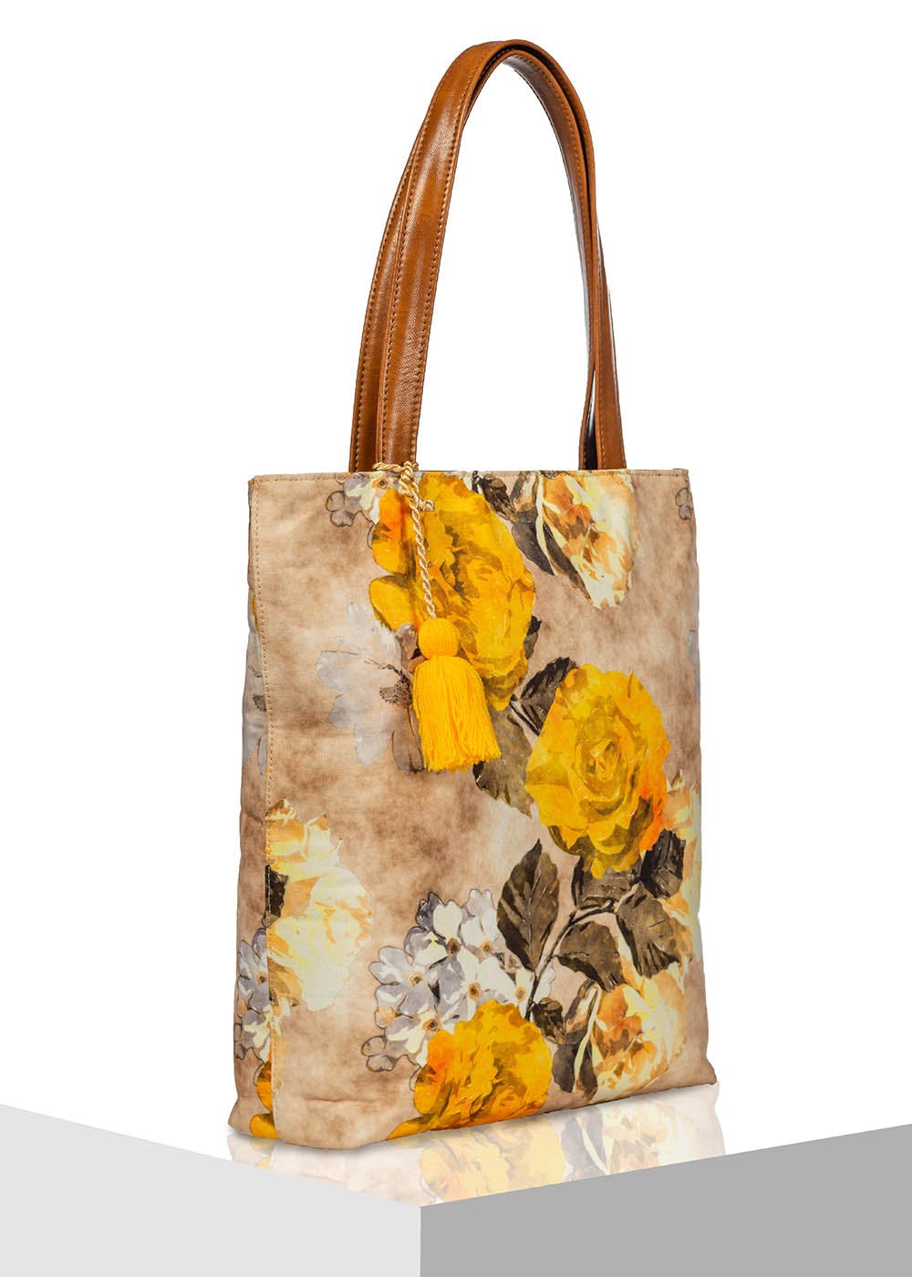 Funk For Hire Yellow Bag with Brown Strap and Trims women mela printed  yellow cotton canvas