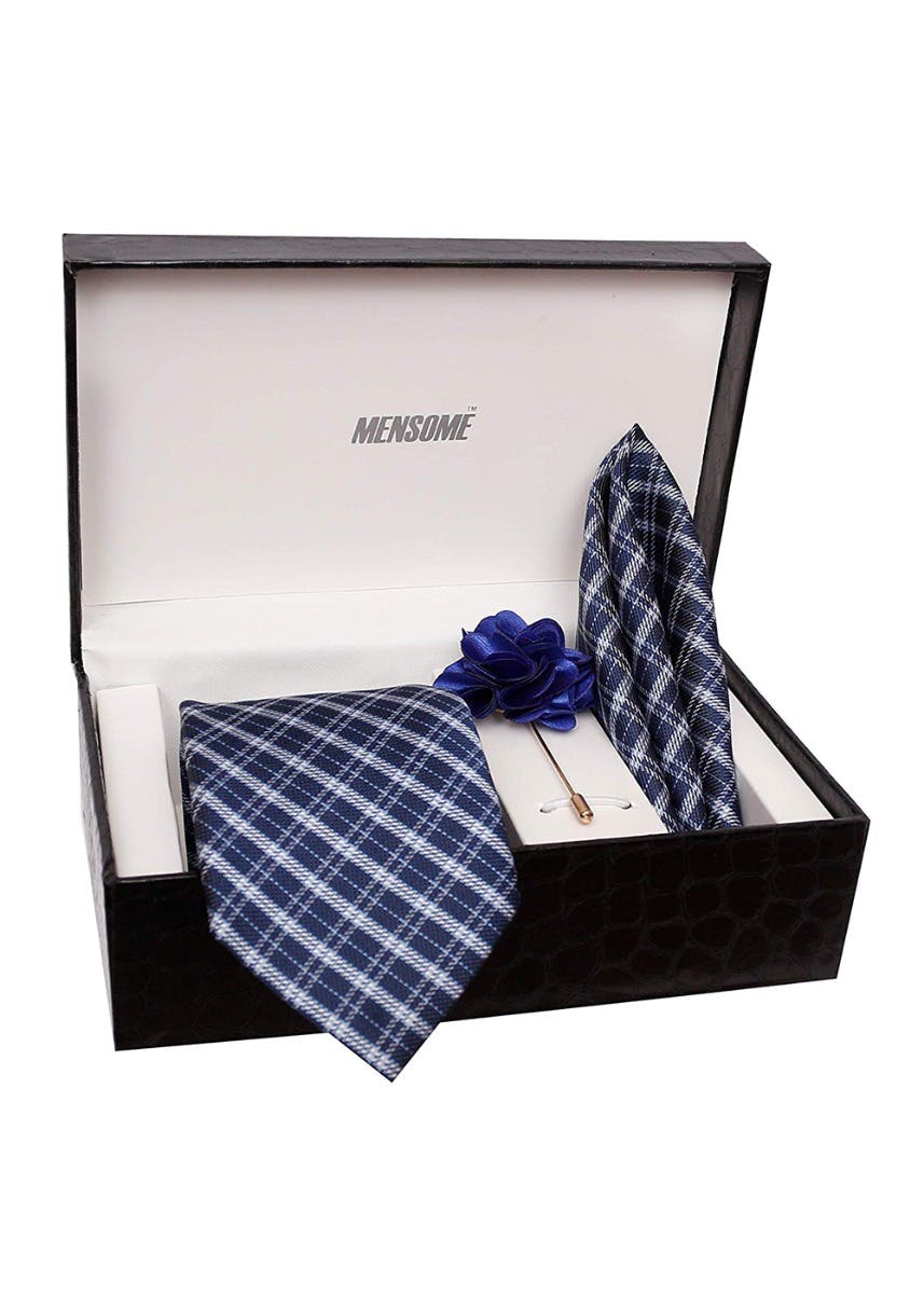 Blue Chequered Tie, Pocket Square & Lapel Pin Set