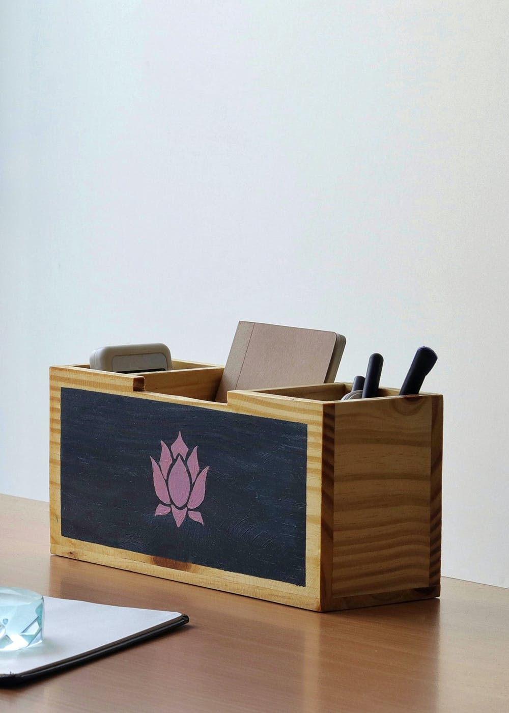 Blooming Lotus Hand Painted Wooden Desk Organizer